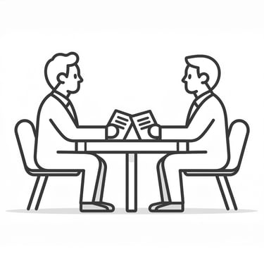 two men sitting at a table with papers, discussing requirements