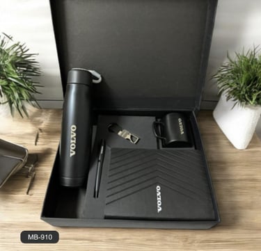 Set of keychain, bottle, mug, pen, and diary