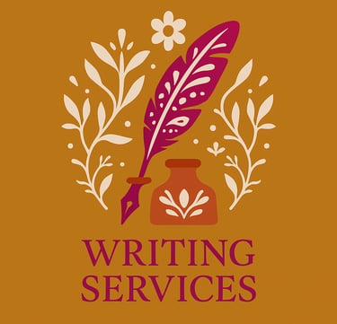 Stylized writing services logo featuring a purple quill pen and inkwell with botanical illustrations.