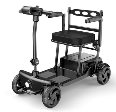 TOBY foldable travel mobility scooter with sleek black frame and front LED headlight