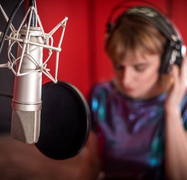 woman wearing headphones next to microphone