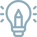 A lit light bulb with a pencil icon in pale blue colour, to symbolize creativity and ideas