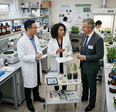 Scientists in a laboratory discuss agricultural research with a businessman near plant samples and lab equipment.
