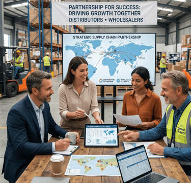 Logistics team discussing global supply chain strategy in a warehouse with forklifts and inventory.