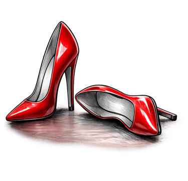 Elegant red high heel pumps illustration with a glossy finish on a dark background.