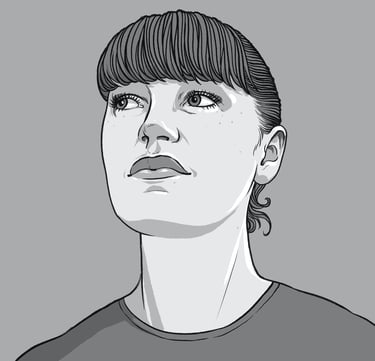 An illustrated headshot of Brid; a light-skinned woman with a fringe and a steady expression.