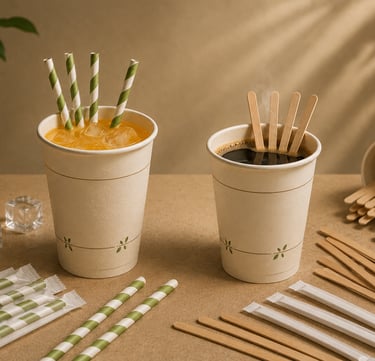 pajitas de papel y agitadores de madera