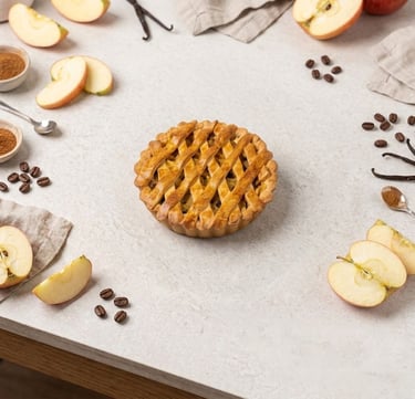 Freshly baked lattice crust apple pie surrounded by sliced apples, coffee beans, and cinnamon.