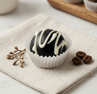 Handmade dark chocolate espresso truffle with white chocolate drizzle and roasted coffee beans.