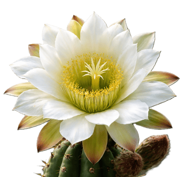 A white night-blooming Huachuma cactus flower in full bloom, with a yellow center.