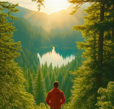 THK® Impuls-Session Mann schaut auf See im Wald