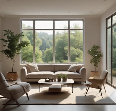 A cozy, sunlit dog boarding room with soft bedding and natural wooden accents, reflecting a calm home-style environment.