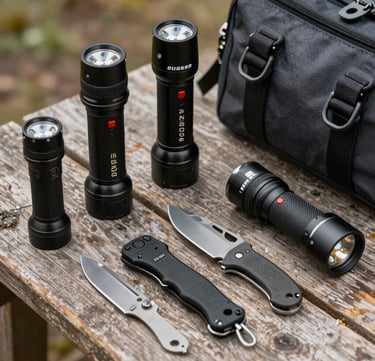 An assortment of premium Olight gear and knives arranged artfully on a leather mat.