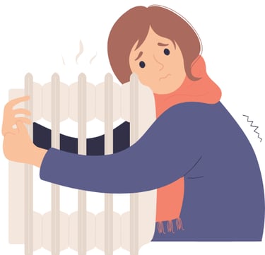 Icône d'une femme qui a froid est collée à une radiateur