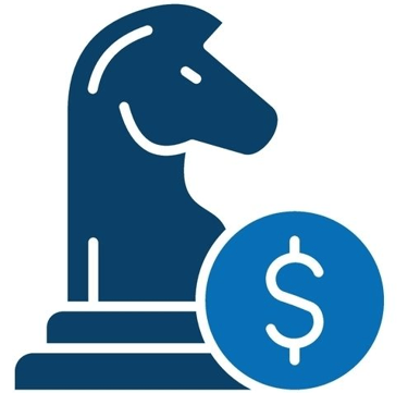 Blå ikon med schackpjäs och dollarsymbol, symbol för rådgivning.