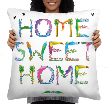 A throw pillow with Home Sweet Home printed in tropical exotic wordart