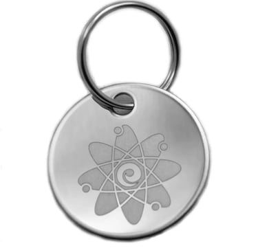 Stainless steel round pet ID tag with an engraved atomic symbol design on a metal keyring.