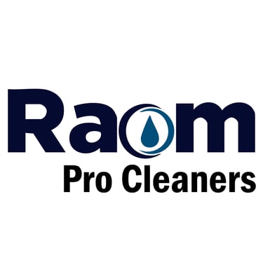 Raom Pro Cleaners professional cleaning services logo with blue water droplet icon.