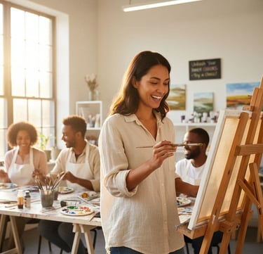 a woman is smiling while she is painting on a easel