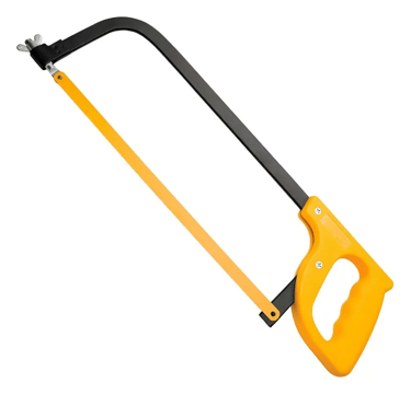 Manual hacksaw with a yellow handle and black steel frame for metal cutting projects.