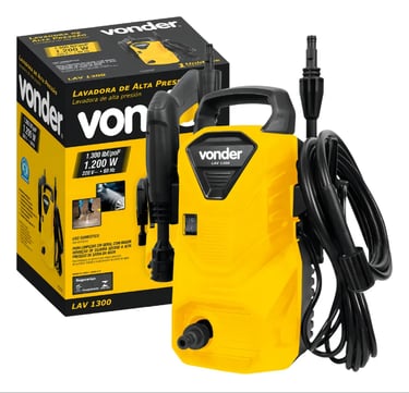 Yellow Vonder LAV 1300 high-pressure washer with spray gun and hose next to its original packaging.