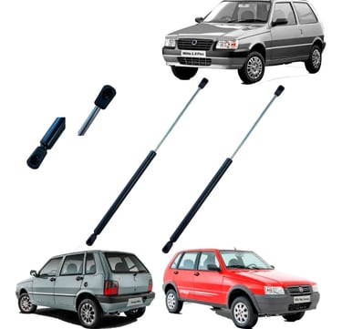 Pair of replacement gas strut lift supports for the rear trunk hatch of a Fiat Uno Mille car.