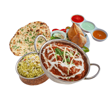 Typical indian dishes: curry, rice, naan bread, tikka, masala, tandoori