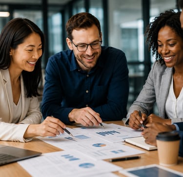 Diverse business team collaborating on data analysis during a strategy meeting in a modern office.
