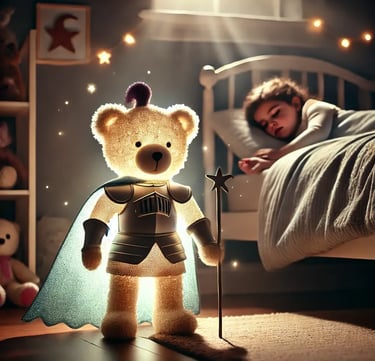 Peluche magique en tenue de chevalier veillant sur un enfant endormi, dans une chambre douce et rassurante.