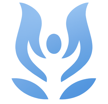 Blauw logo-symbool dat lichaam en geest in verbinding toont.