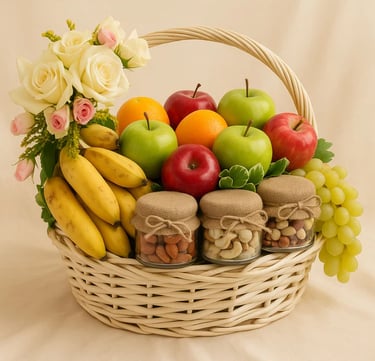 Gourmet gift basket with fresh fruit, nuts in glass jars, and white roses.