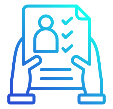 Hands holding document with person icon and checkmarks representing job application or CV submission