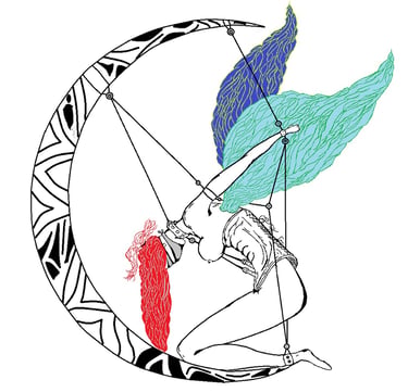 Ilustración del libro Shibari Exquisito de Óscar Ocaña Parrón, un ángel desnudo atado a la luna