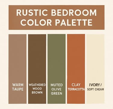 Earthy color palette for a rustic bedroom with green, warm white, and burnt orange tones.