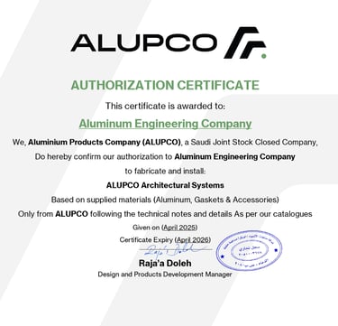 حصلت شركة ALENG على أعتماد رسمي من ALUPCO® كمصنع ومركّب معتمد لأنظمتهم المعمارية، مؤكدة التزامنا بال