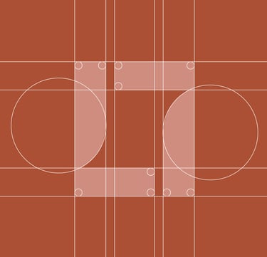 Logo abstrait avec des cercles blancs et des grilles linéaires sur un fond orange brûlé