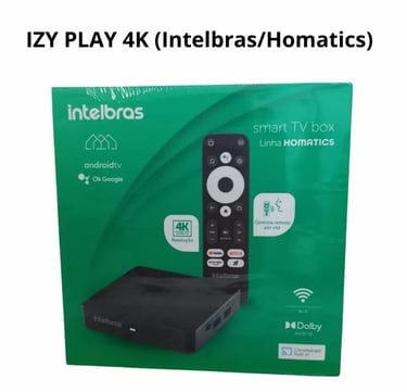 Intelbras IZY Play 4K Smart TV Box packaging with remote control and Android TV features.