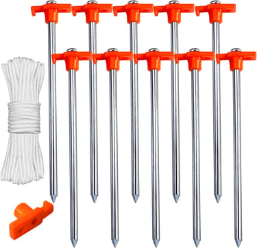 ABCCANOPY 11 Inch Tent Stakes 10 Pcs Non-Rust Metal Ground Anchors, Heavy Duty Spikes with 4 Ropes f