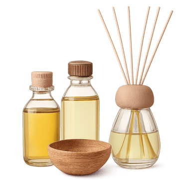 Glass bottles of essential oils next to a small wooden bowl and diffuser.