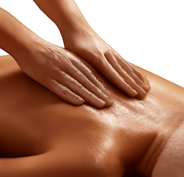 Close up photo of hands performing a back massage with oil.