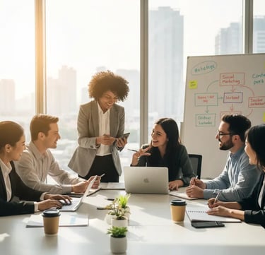A group of six professionals meet around a table, discussing common sense marketing ideas