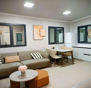 Vue d'un salon avec intérieur soigné d'une maison container.
