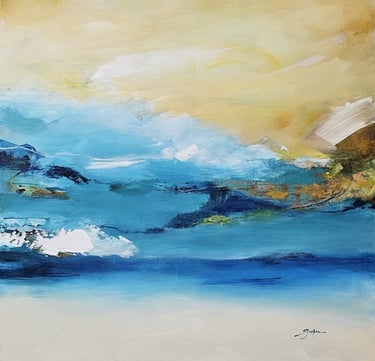 Abstract landscape painting with blue waves, gold skies, and white textured brushstrokes.