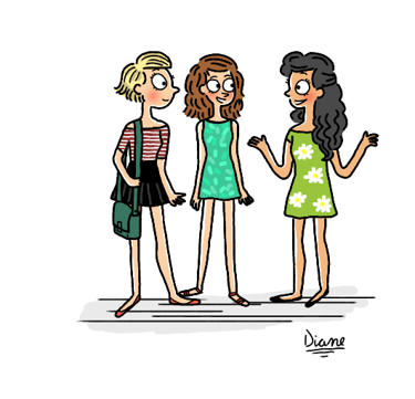 three women talking to each other while standing in a line. Diane Mulolo Faida