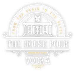 The House Pour Vodka logo featuring a white distillery building and single estate Polish vodka branding.