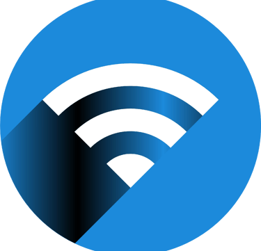 Icône de connexion Internet représentant un symbole Wi-Fi blanc sur fond bleu.