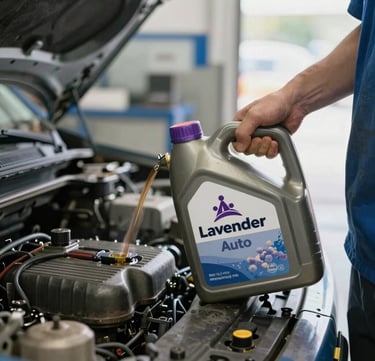 A sleek car silhouette on a black background with a purple oil container labeled 'lavender auto' pouring oil into the engine.