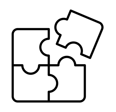 Black and white line icon of four puzzle pieces representing a creative solution or teamwork strategy.