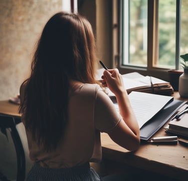 A person writing on a transparent board with violet markers.