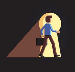a man holding a suitcase is entering a keyhole